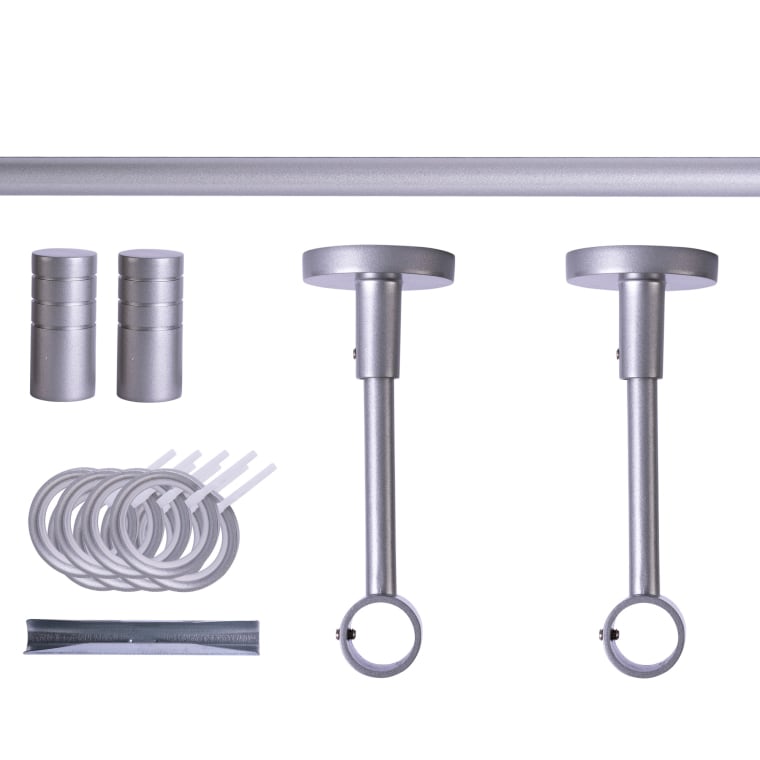 VICTORIA M Gardinenstange Set | 1-läufig, ⌀ 19 mm, 120 cm, silber + Decke, Rillen-Kappe, Ring