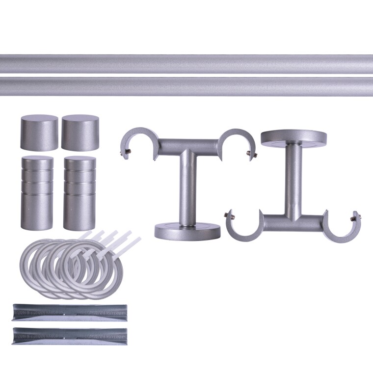 VICTORIA M Gardinenstange Set | 2-läufig, ⌀ 19 mm, 120 cm, silber + Decke, Rillen-Kappe, Ring