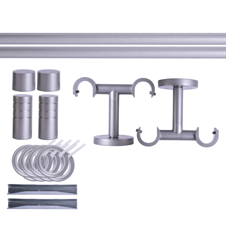 VICTORIA M Gardinenstange Set | 2-läufig, ⌀ 19 mm, 180 cm, silber + Decke, Rillen-Kappe, Ring