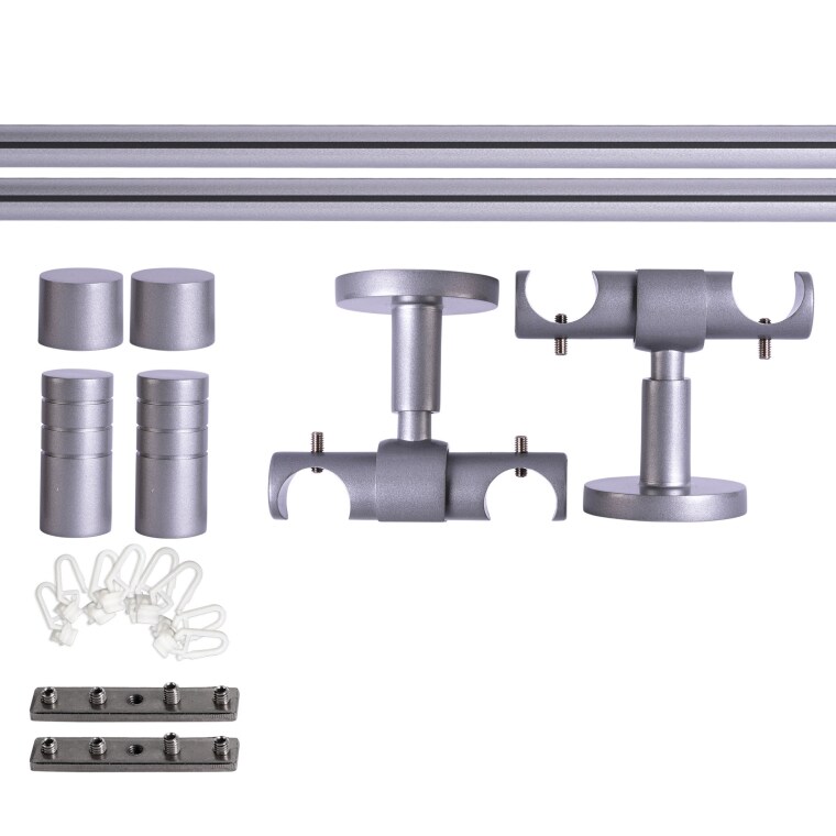 VICTORIA M Gardinenstange Set Innenlauf | 2-läufig, ⌀ 19 mm, 200 cm, silber + Decke, Rillen-Kappe, Gleiter