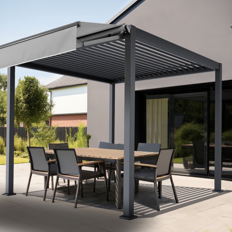 paramondo Markise Summer für Pergola mit Lamellendach | 4 x 2,1 m, Kurbel, links, grau/weiß