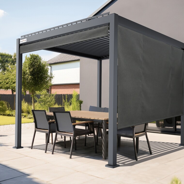 paramondo Außenrollo für Pergola mit Lamellendach | 3 m, Funkmotor, links, Acryl, dunkelgrau/schwarz