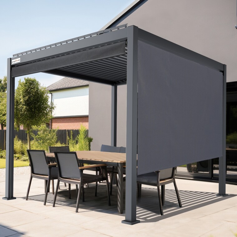 paramondo Außenrollo für Pergola mit Lamellendach | 3 m, Funkmotor, links, Screen, anthrazit/weiß