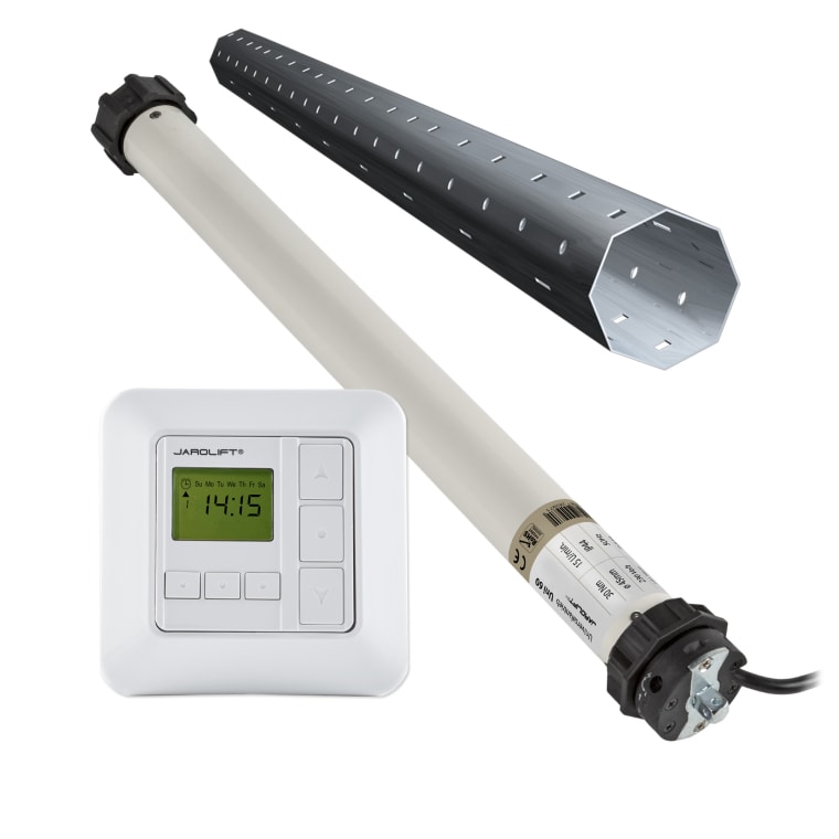 JAROLIFT Rollladenmotor Universal | UNI60 (30 Nm / SW60) + Sevenlogic Comfort Funk + Neubau-Wellenset 3